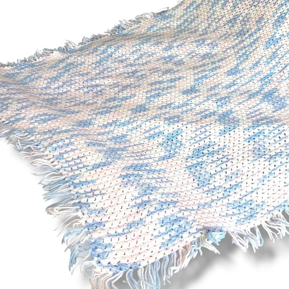 Handmade Crochet Baby Blanket Pastel Blue Pink White Variegated Fringed Afghan